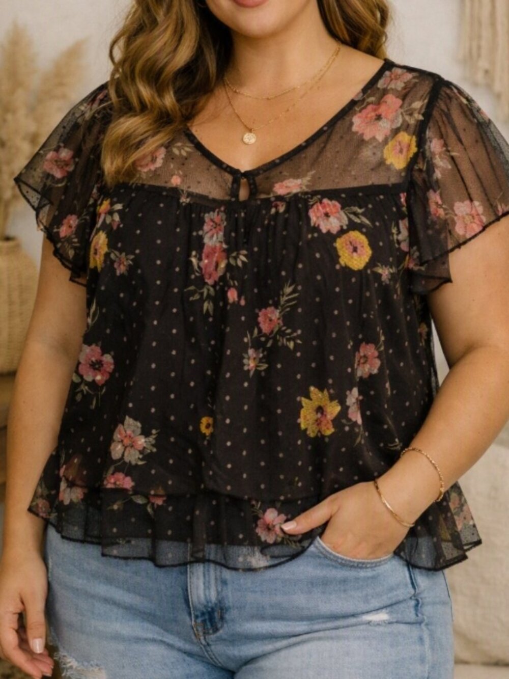 Willow Black Sheer Floral Mesh Top Blouse Plus 1X Cottagecore Romantic Boho